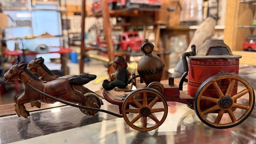 Vintage Japanese Tin Horse Drawn Fire Pumper Toy