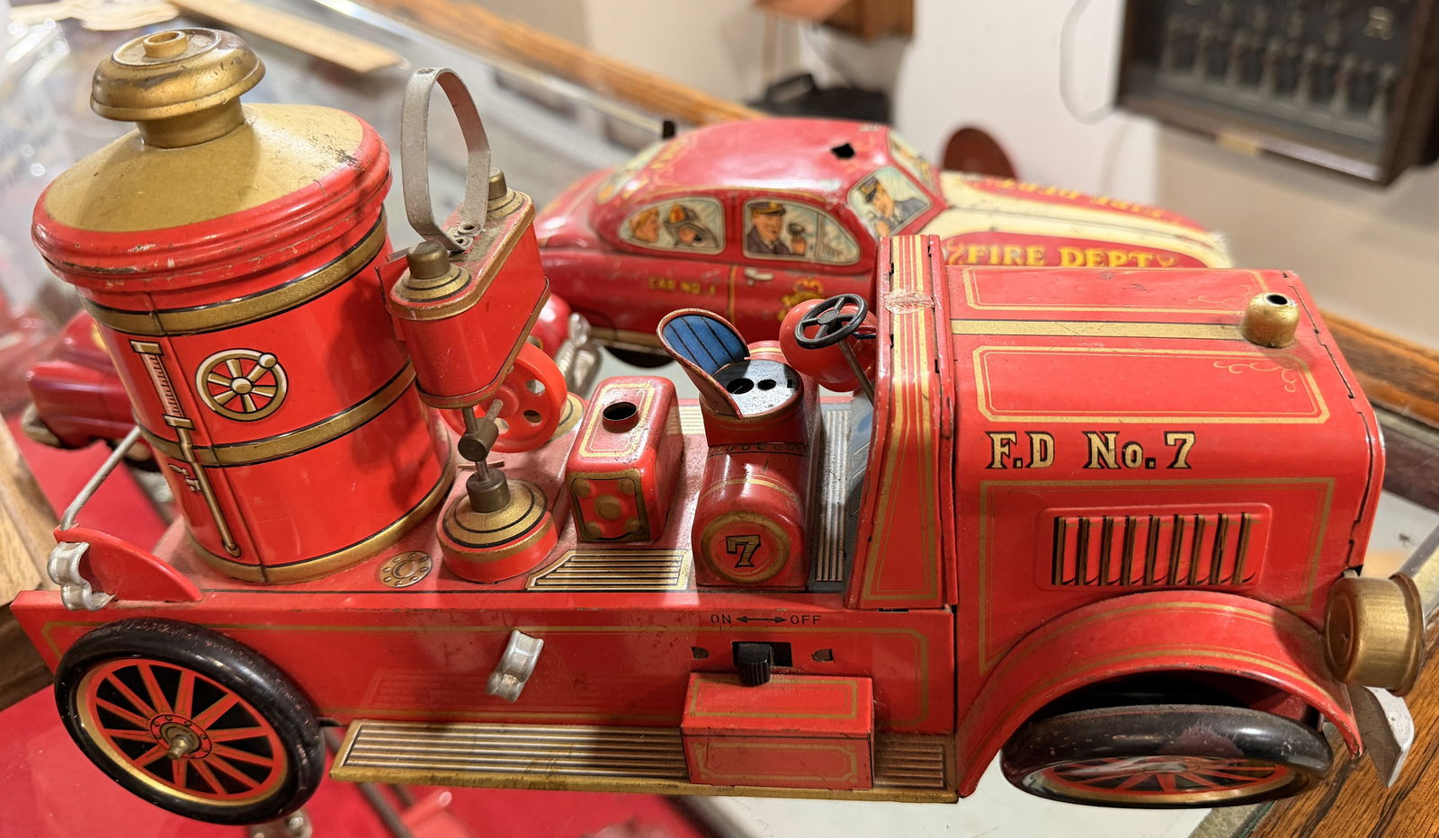 Three Vintage Japanese Tinplate Fire Vehicles, including a Modern Toys FD No. 7 Fire Truck - 3