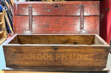 Vintage Wooden Box with Red Painted Lid, Stenciled 'RANDOLPH HOSE'