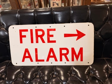 A Mid-20th Century Double-Sided Porcelain Enamel on Steel 'Fire Alarm' Sign with Directional Arrow