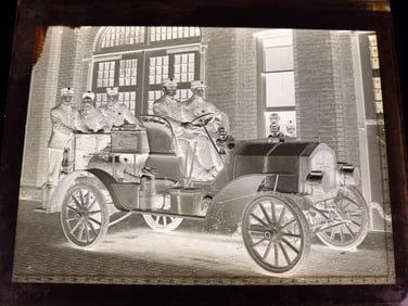 Early 20th Century Glass Plate Negative of Firefighters and Motorized Fire Apparatus