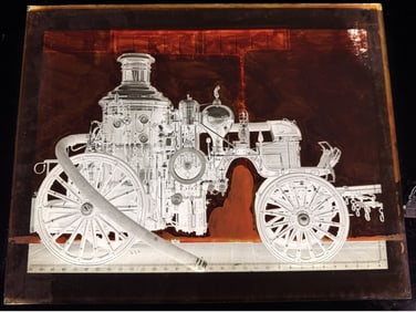 Large Format Glass Plate Negative of an American Steam Fire Engine Technical Illustration