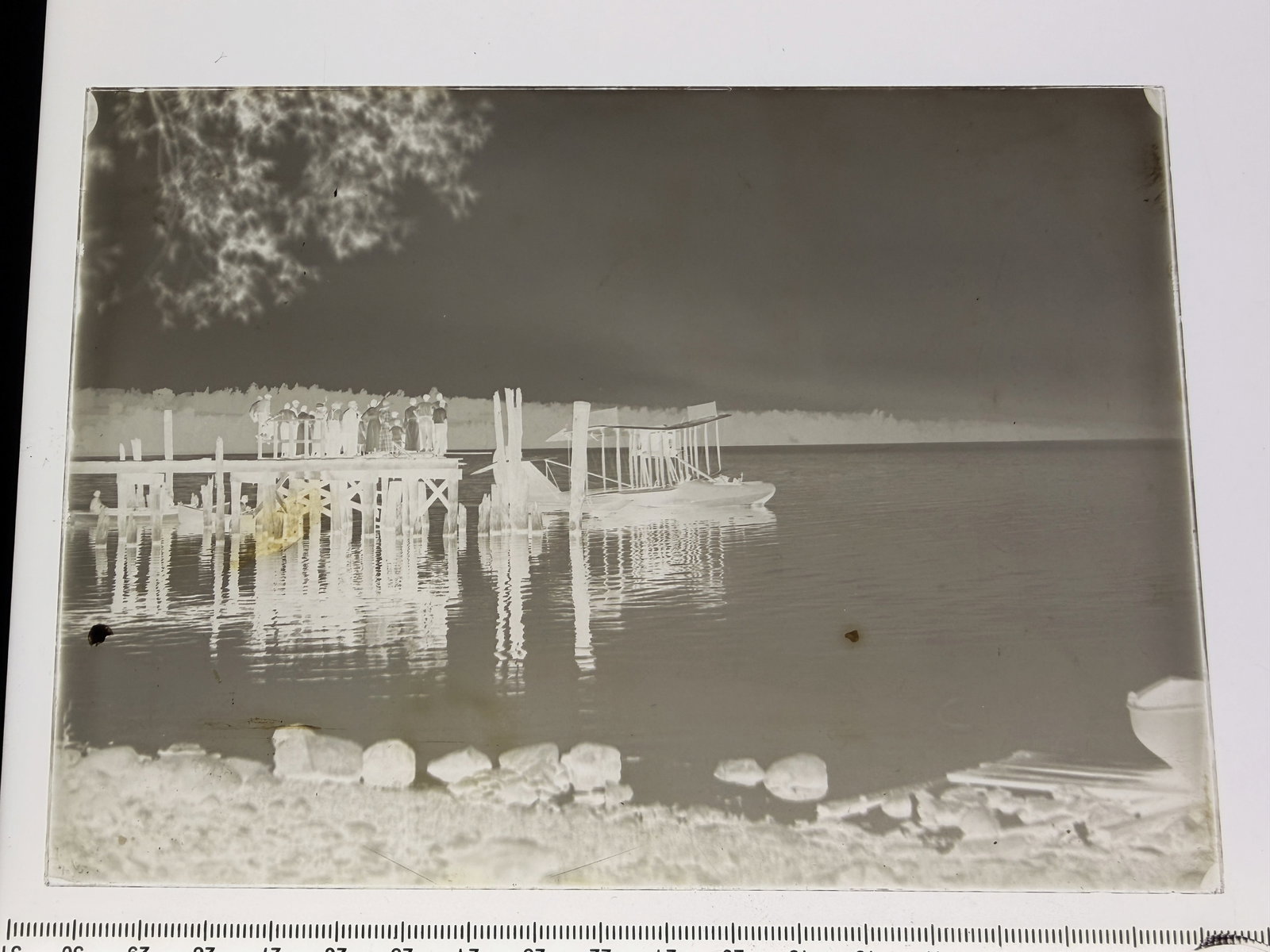 Early 20th Century Photographic Negative Biplane Floatplane at Dock with Crowd (1 of 5)