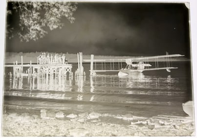 Early 20th Century Large Format Glass Plate Negative of a Biplane Seaplane