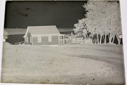 Large Format Glass Plate Negative of Lakeside Cabin and Pier with Figures, c. 1900