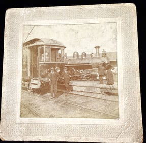 Vintage Mounted Sepia Photograph of Railway Depot Trolley Car 16 and Steam Locomotive