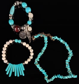 Silver and Turquoise-Colored Bead Assortment of Three Contemporary Costume Bracelets