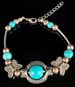 Silver Beaded Bracelet with Faux Turquoise and Butterfly Spacers