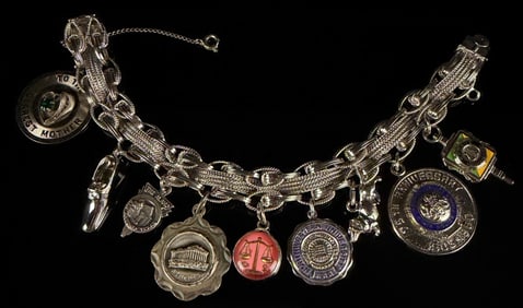 1.9 Ozt Sterling Silver Loaded Charm Bracelet with 9 Enamel and Figural Charms, Lindor Maker's Mark