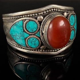 Unmarked Silver Wide Cuff Bracelet Carnelian Cabochon and Turquoise Inlay Category: Bracelets