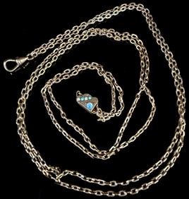 Victorian Gold Filled Long Watch Chain Necklace with Opal and Turquoise Slide Category: Necklaces &