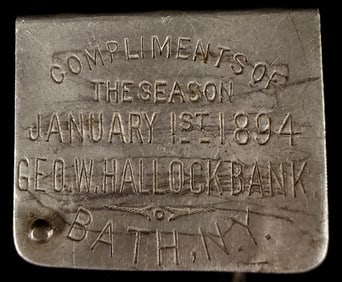 Antique Bath NY 1894 Metal Folding Novelty Pocket Postal Rate Guide, Geo. W. Hallock Bank