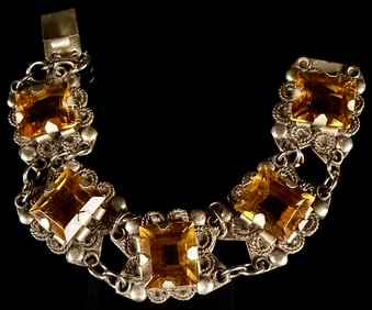 Vintage Mexican Silver Link Bracelet with Rectangular Citrine-Appearing Stones Category: Bracelets