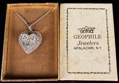 Sterling Silver Engraved Heart Locket Necklace in Original Geophile Jewelers Box Category: Necklaces