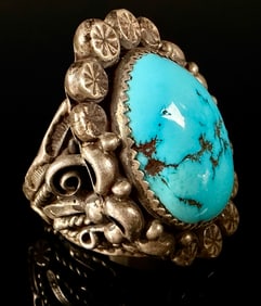 Vintage Sterling Silver Navajo Style Turquoise Statement Ring Signed
