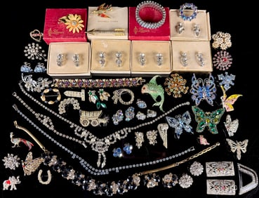 Large Collection of Vintage Costume Jewelry Featuring Lisner and Rhinestones,