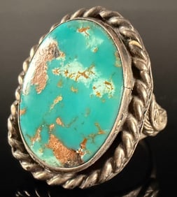 Fred Harvey Era Sterling Silver Large Navajo Turquoise Ring