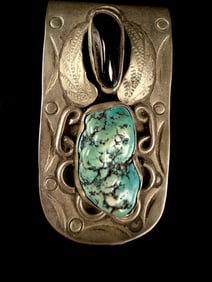 Vintage Style Navajo Turquoise and Black Stone Money Clip, Sterling Silver