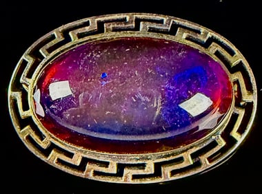 c.1900 Sterling Silver Dragon's Breath Glass Brooch with Greek Key Border