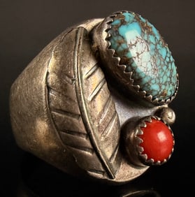 Vintage Navajo Style Sterling Silver Signet Ring with Turquoise and Coral