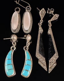 Sterling Silver Assortment of Three Pairs of Vintage Dangle Earrings, Featuring Turquoise,