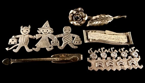 Vintage Sterling Silver Brooch and Pin Collection Lot of Five Including Mexican and EFS Style Pieces