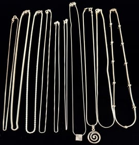 Large Collection of Ten Sterling Silver Chains and Necklaces, Italian and Indian Origin