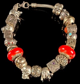 2.5 Ozt Sterling Silver Pandora Style Charm Bracelet with 24 Mixed Charms and Murano Glass Beads
