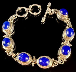 Sterling Silver Lapis Lazuli Style Cabochon Linked Toggle Bracelet Category: Bracelets