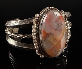 Vintage Native American Style Cuff Bracelet Featuring Large Petrified Wood Cabochon
