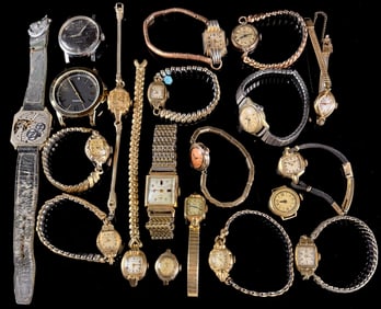 Large Collection of 20 Vintage mens and womens Wristwatches and Watch Heads, Gold Filled and Plated,