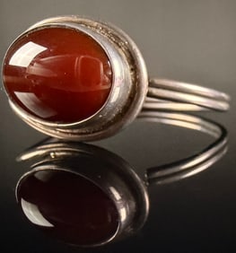 Sterling Silver Open Cuff Bracelet Featuring Large Carnelian Cabochon