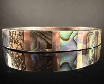 Sterling Silver Hinged Bangle Bracelet with Rectangular Abalone Shell Inlay Category: Bracelets