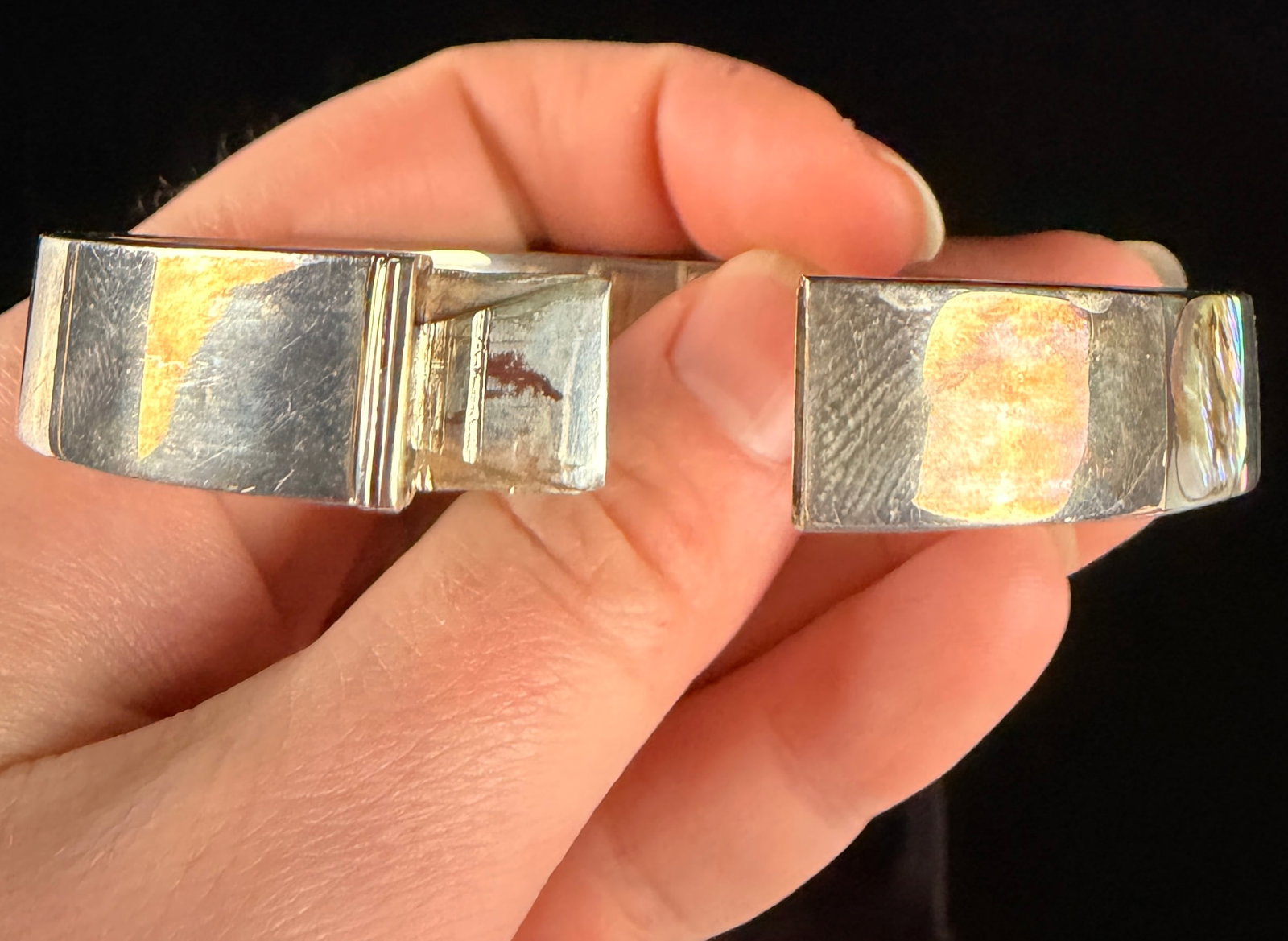 Sterling Silver Hinged Bangle Bracelet with Rectangular Abalone Shell Inlay Category: Bracelets - 7