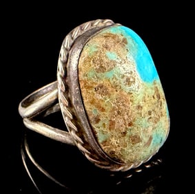 Vintage Navajo Style Sterling Silver Matrix Turquoise Cabochon Split Shank Ring