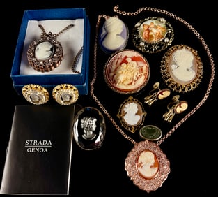 Vintage Costume Jewelry Lot of 11 Pieces, Featuring Cameo and Intaglio Designs Category: Costume