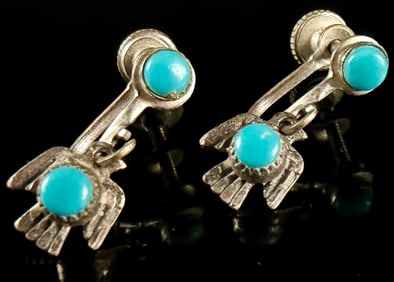 Vintage Native American Style Turquoise Thunderbird Earrings