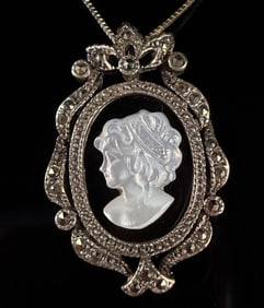 Sterling Silver Marcasite and Mother-of-Pearl Cameo Convertible Brooch Pendant Necklace