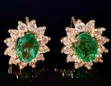 14K Yellow Gold Emerald and Diamond Sunburst Cluster Stud Earrings Category: Earrings