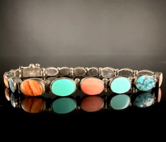 Vintage Sterling Silver Multi-Stone Link Bracelet featuring Turquoise and Spiny Oyster Shell