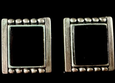Sterling Silver Rectangular Stud Earrings with Black Onyx and Dot Work Accents Category: Earrings