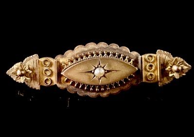 Antique Victorian 9ct Gold Bar Brooch with Pearl and Starburst Motif