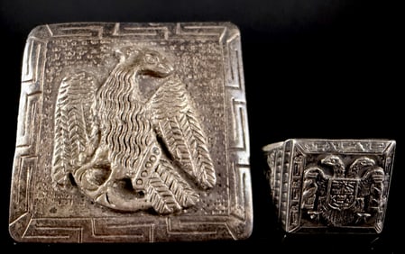 Sterling Silver Peruvian Eagle Signet Ring and Brooch Lot Category: Rings