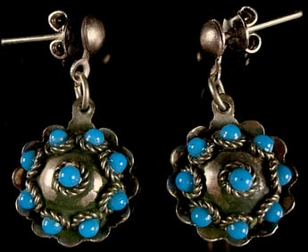 Sterling Turquoise Cabochon Scalloped Drop Earrings