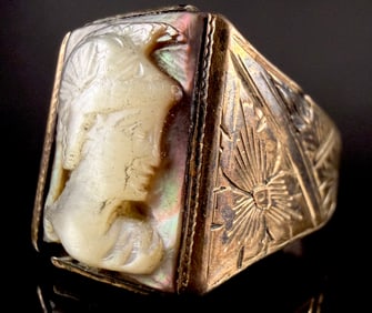 Vintage Bi-Color Metal Signet Ring Featuring Large Classical Shell Cameo Category: Rings