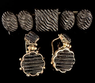 Antique Victorian Bar Brooch and Drop Earrings Set, Mourning Jewelry