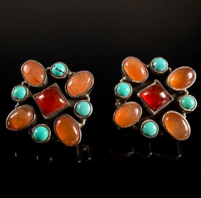 Sterling Silver Multi-Stone Cluster Earrings with Turquoise and Cabochons