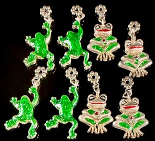 Lot of Eight Unmarked Silver Enamel Frog Charms and Components