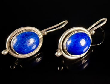 Sterling Silver Lapis Lazuli Style Oval Cabochon Drop Earrings by R&G