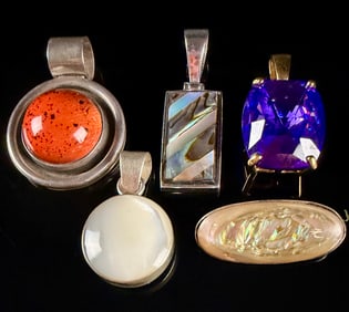 Group of Sterling and 950 Silver Pendants and Brooch featuring Abalone, Shell, and Assorted